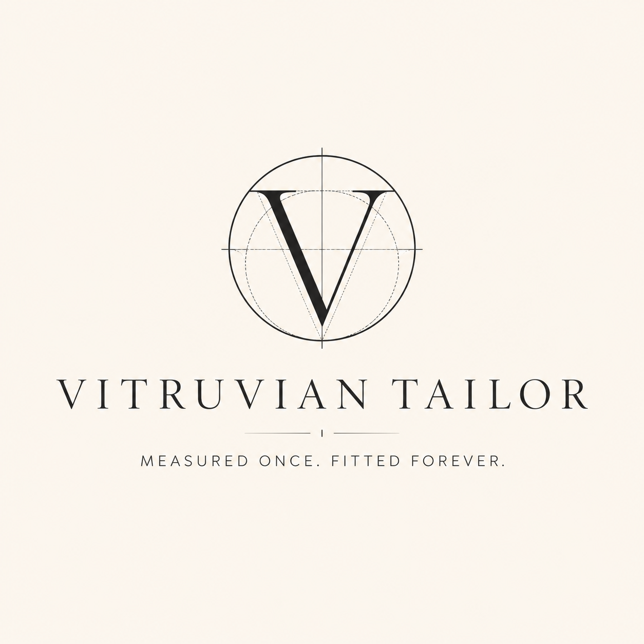 Vitruvian Tailor logo — a V monogram in a circle with the wordmark and tagline.